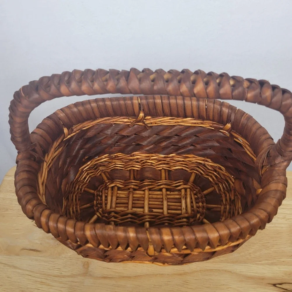 Vintage Woven Curl Splint Basket Wood Ribbon Gathering Farmhouse Oval 12x8.5x5